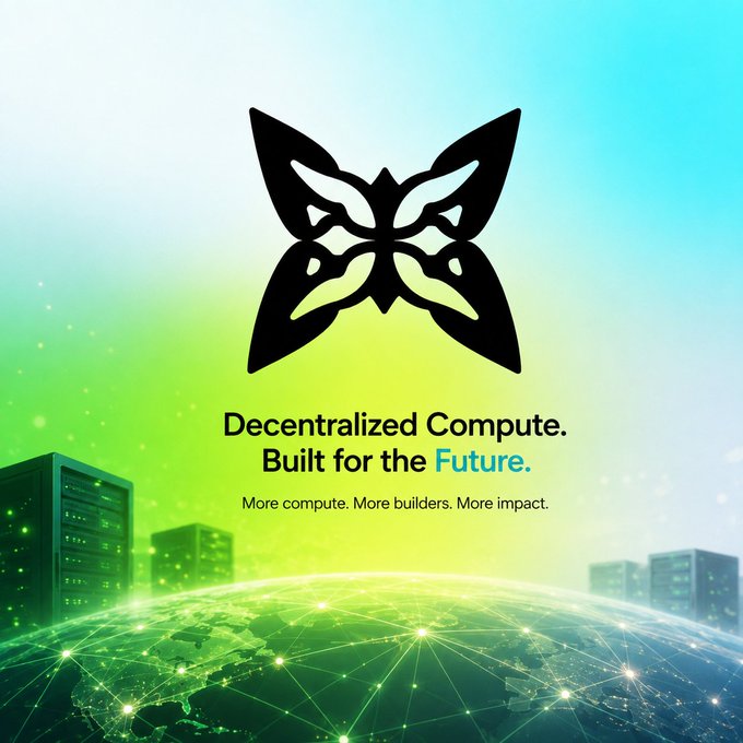 A promotional image displaying a black butterfly logo over a green and blue digital globe, with the text 'Decentralized Compute. Built for the Future.' and 'More compute. More builders. More impact.'