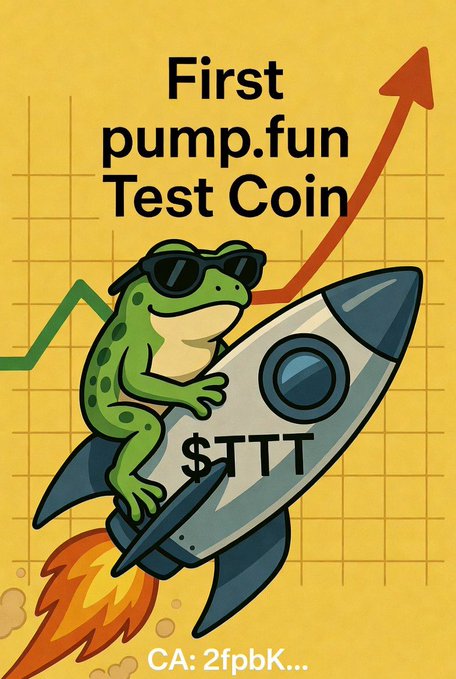 The image features a cartoon frog wearing sunglasses sitting atop a rocket ship that has the number $FFF" printed across its body, flying through the air with an upward-pointing arrow. In front of the rocket, there is text that reads "First pump.fun test coin". The image also includes information about the coin being sold for 2 coins per Bitcoin (C).