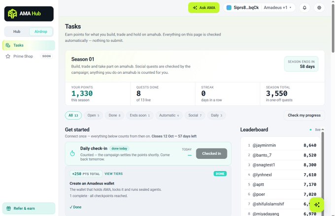 A screenshot of the AMA Hub interface showing a 'Tasks' page for Season 01 with 1,330 points, 8 quests done, and a leaderboard ranking users like @jaymirmin and @banto_7 at the top.