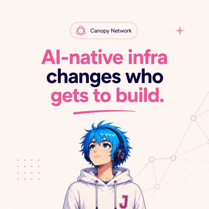 A promotional graphic for 'Canopy Network' reading 'AI-native infra changes who gets to build.' featuring an anime-style character with blue hair and headphones.