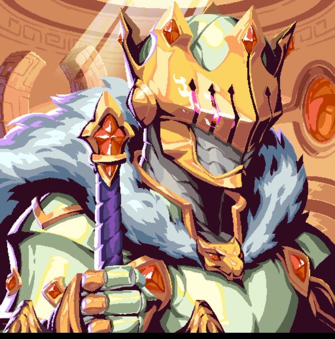 A pixel art illustration of an armored knight with a golden horned helmet, fur collar, and a scepter, glowing with a bright light from above.