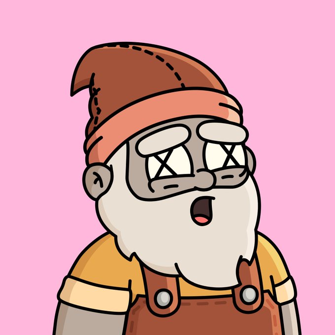A cartoon illustration of an elderly character with a white beard, glasses, and a brown knitted hat and overalls, set against a pink background.