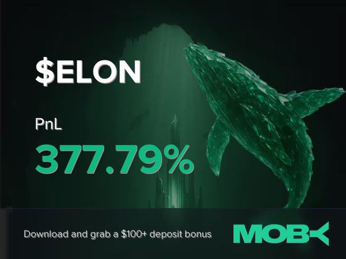 An advertisement for Moby featuring a glowing green whale with the text "$ELON PnL 377.79%" alongside the message "Download and grab a $100+ deposit bonus." The image visually celebrates the trader's massive +377.79% profit on $ELON, which the post notes has surged from $57.83K to $1.32M in market cap.