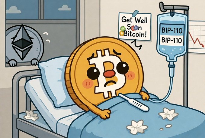 A cartoon illustration depicting a sick Bitcoin character lying in a hospital bed with an IV labeled 'BIP-110', while an Ethereum character peers through the window with a sign reading 'Get Well Soon Bitcoin!'