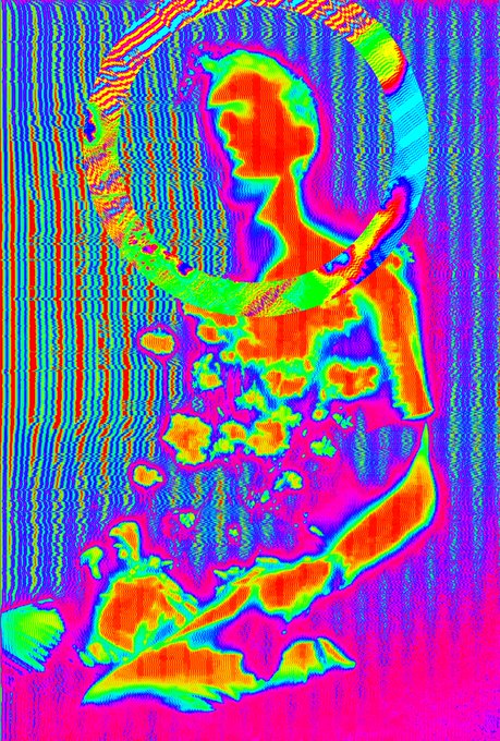 A psychedelic, heat-map style digital artwork in vibrant neon colors depicting a humanoid figure that appears to be nursing a baby.