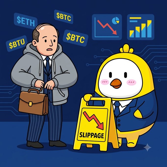 A cartoon illustration showing a worried businessman and a chicken mascot holding a 'SLIPPAGE' sign, with $BTC, $ETH, and $BTU floating around.