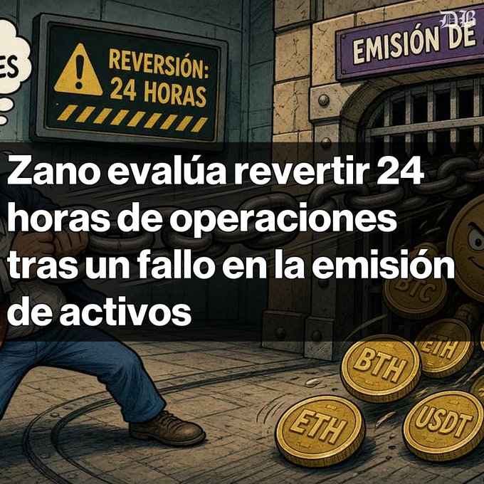 Cartoon-style illustration with Spanish text 'Zano evalúa revertir 24 horas de operaciones tras un fallo en la emisión de activos', showing a sign reading 'REVERSIÓN: 24 HORAS' and gold coins labeled BTH, ETH, BTC, and USDT.