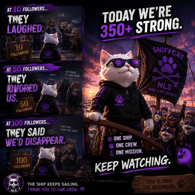 A promotional graphic for the SNIFFCAT (NLS - Nine Lives Society) memecoin features a white cat in sunglasses and a purple hoodie standing on a pirate ship, with panels showing the community's growth from 10 to 50 to 100 followers, and boldly announcing "TODAY WE'RE 350+ STRONG" with the slogan "ONE SHIP. ONE CREW. ONE MISSION. KEEP WATCHING." The image visually reinforces the post's narrative of overcoming doubters and building a growing crypto community, with "THE SHIP KEEPS SAILING. THANK YOU TO OUR CREW" displayed at the bottom.