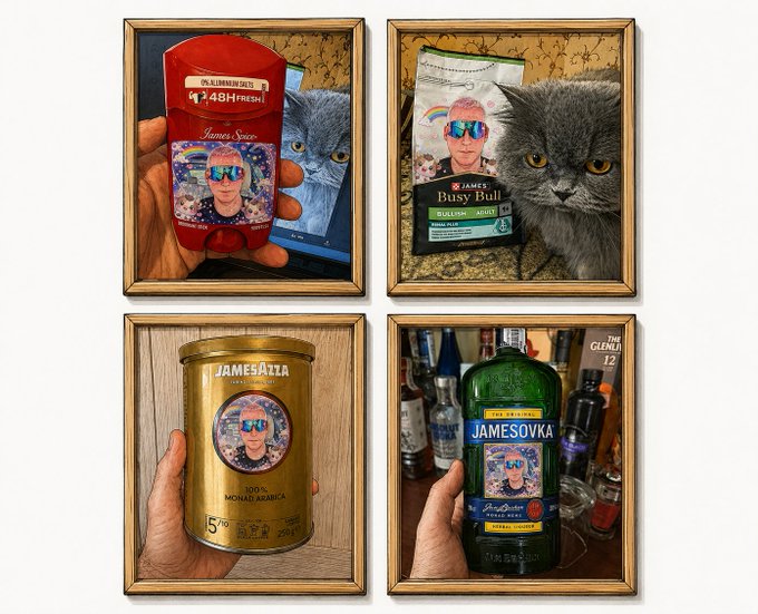 Four framed images parodying luxury goods: a red bottle labeled 'James Spere' 48H Fresh, a bag of 'James Spere Busy Bull' cat food, a gold can of 'James Azia' Arabica coffee, and a green bottle of 'Jamesovka' vodka, each with a cartoon man with pink hair and sunglasses replacing the original brand imagery.