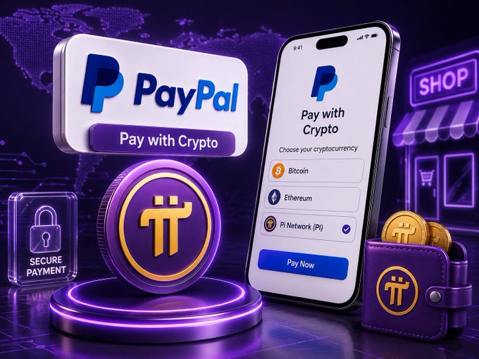 A digital promotional image showcases PayPal's "Pay with Crypto" feature, displaying a smartphone interface listing Bitcoin, Ethereum, and Pi Network (Pi) as payment options, alongside a large gold Pi coin, a "Secure Payment" lock icon, and a purple wallet. The visual directly supports the post's claim by illustrating PayPal's apparent integration of Pi Network into its crypto payment documentation, hinting at potential real-world usability for the Pi community.