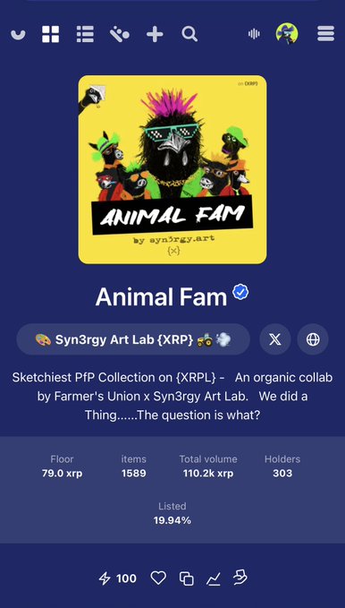 A screenshot of an XRP NFT marketplace showing a collection called 'Animal Fam' by Syn3rgy Art Lab with 1589 items, a floor price of 79.0 XRP, and total volume of 110.2 XRP.