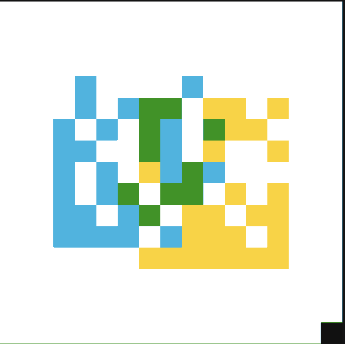 A pixelated QR code composed of blue, green, and yellow squares on a white background.