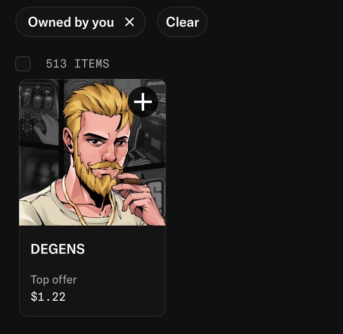 A dark-themed digital interface showing an NFT collection titled 'DEGENS' with a top offer of $1.22, displaying 513 items and an illustrated portrait of a blonde, bearded character.