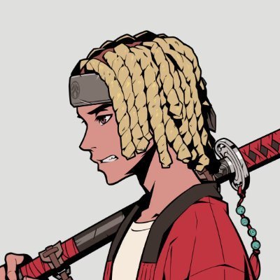 An anime-style illustration of a character with blonde braided hair, a forehead protector, and a red robe, carrying a katana sword over their shoulder.
