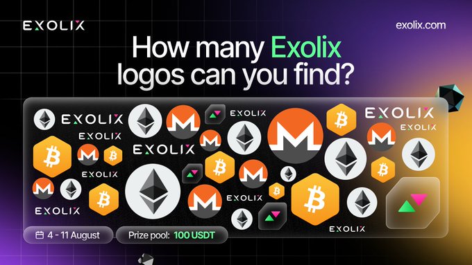 This image is a graphic promoting a giveaway from Exolix, asking users to count the number of Exolix logos for a chance to win $USDT. The graphic displays the Exolix logo alongside cryptocurrency logos like Bitcoin and Ethereum.