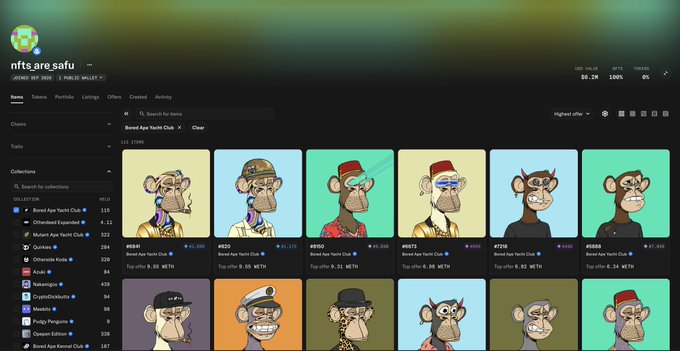 NFT marketplace page for the Bored Ape Yacht Club collection on nfts.aresafu, displaying various ape NFTs with floor price of 46.15 ETH and stats including volume and listings.