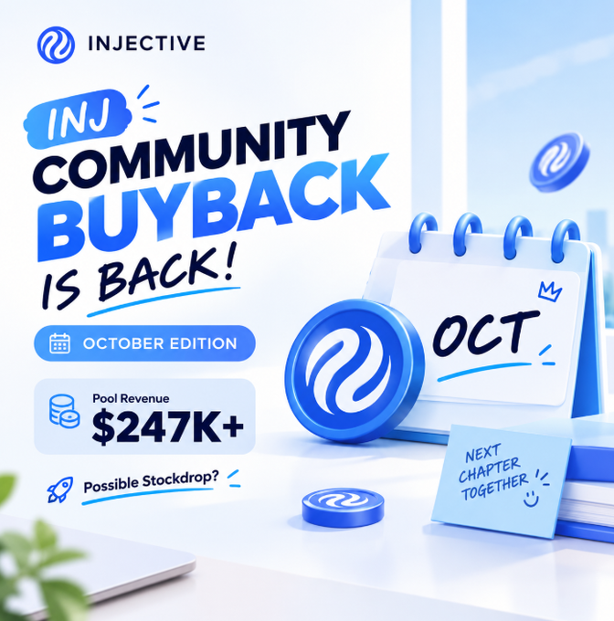 A promotional graphic for INJECTIVE announces the return of the “INJ Community BuyBack” in the October edition, highlighting pool revenue of “$247K+” and a possible “Injective Stockdrop.” It features blue-and-white crypto-themed coin imagery, a calendar marked “OCT,” and the note “Next chapter together.”