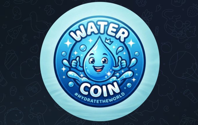 The image shows a circular logo for "WATER COIN" featuring a smiling, cartoon water droplet giving two thumbs up, with the hashtag "#HYDRATETHEWORLD" displayed beneath. The design ties directly into the post's message, emphasizing the early-stage opportunity to buy $WATER on Solana with the cheerful mascot symbolizing the project's hydration theme.