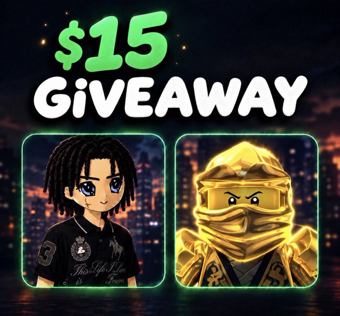 Promotional graphic announcing a $15 giveaway, featuring two avatar characters—a Gacha-style anime character in a black polo shirt on the left and a golden ninja-style avatar on the right—set against a nighttime cityscape background. The image accompanies an Instagram contest post asking followers to tag two friends, drop screenshot proof, and follow @MxmlnOfficial for a chance to win.