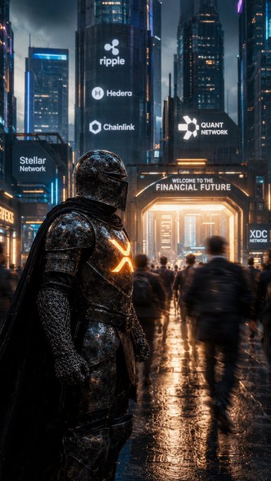 A futuristic, cyberpunk-style image of a knight in dark armor with a glowing orange X on the chest, standing in a rainy city street, surrounded by logos for cryptocurrencies including Ripple, Hedera, Chainlink, Quant Network, Stellar, and XDC Network, with the text "WELCOME TO THE FINANCIAL FUTURE."