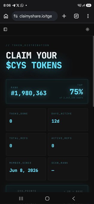 The image shows a cell phone screen displaying information about a rewards program called "Cys Update". The screen has a list of rewards available for users who claim their $CYS tokens, which are represented by blue text against a black background. The rewards include active apps and points, as well as a total of 1,938,333 tokens. The post also mentions that the reward window is closing soon, so it's important to claim your tokens before they're gone.
