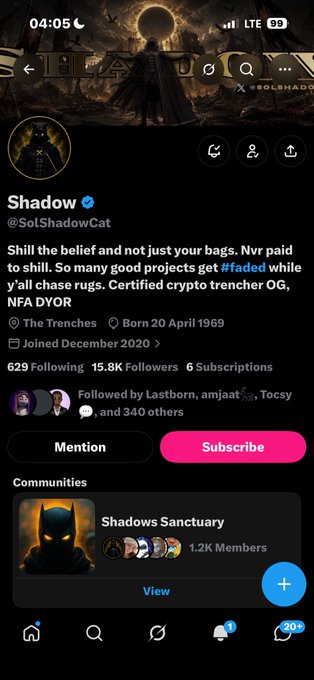 Twitter/X profile for 'Shadow' (@SolShadowCat) describing themselves as a 'Certified crypto trencher OG, NFA DYOR', with 15.8K followers and membership in the Shadows Sanctuary community.