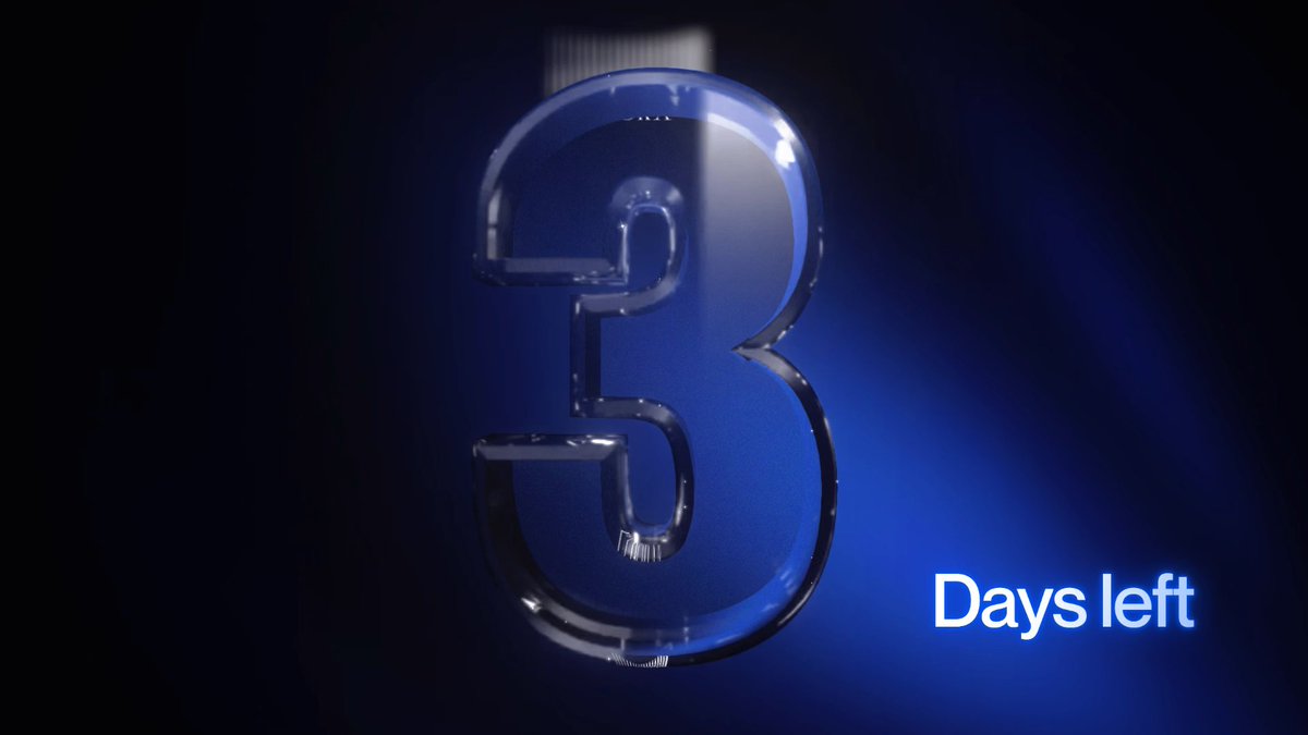 A dramatic graphic showing a large transparent number '3' illuminated with blue light against a dark background, accompanied by the text 'Days left'.