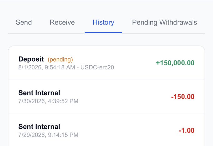 Cryptocurrency transaction history screen showing a pending USDC-erc20 deposit of +150,000.00 on 8/1/2026 and two sent internal transactions.