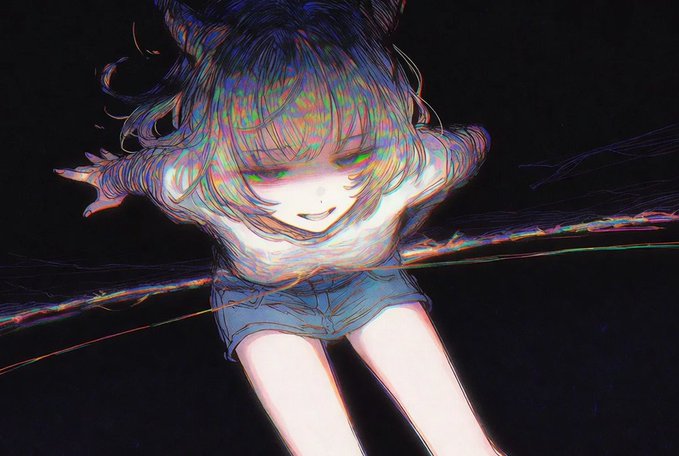 An anime-style digital illustration of a girl with short hair and cat ears, depicted with a glitchy, chromatic aberration effect, wearing a sweater and denim shorts against a dark background.
