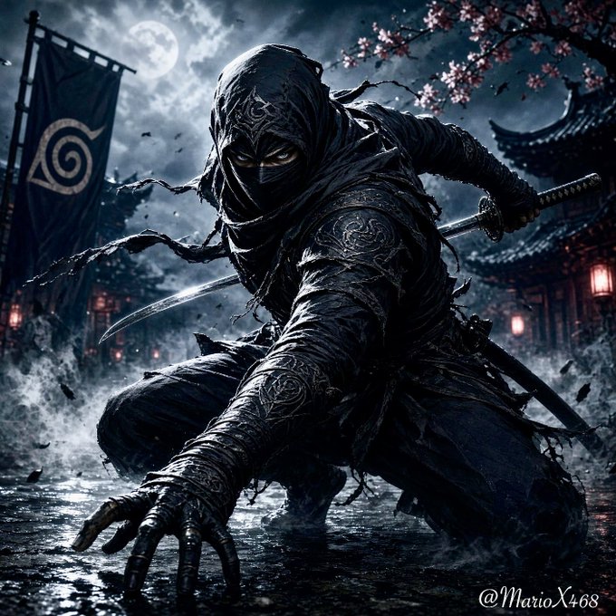A dark, hooded ninja warrior in intricate black robes crouches low with a drawn katana, set against a moonlit feudal Japanese backdrop with cherry blossoms and a clan banner, signed '@MarioX468'.