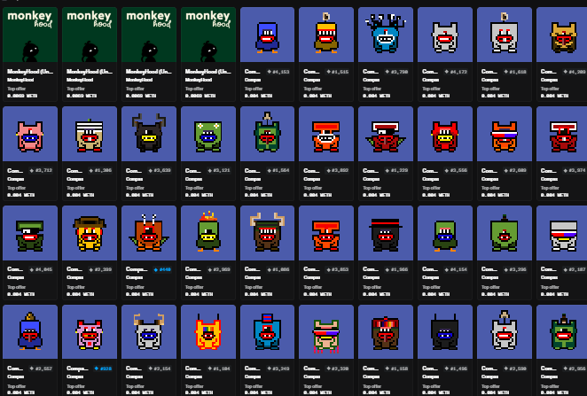 A grid of pixel-art NFT characters called 'monkey Kids' from CryptoPunks, each with varying traits and traits.com prices displayed below.