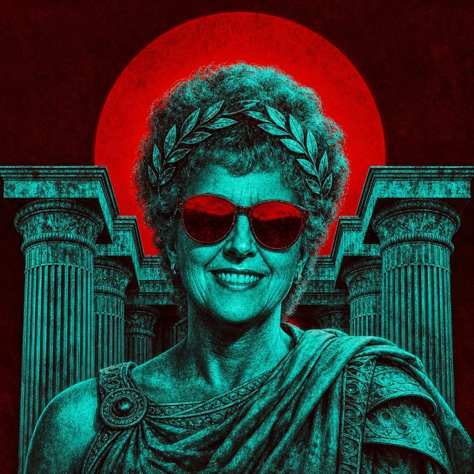 A stylized teal and red illustration depicting a smiling woman with curly hair, red sunglasses, and a laurel wreath, dressed as a Roman figure against a backdrop of classical columns and a red sun.