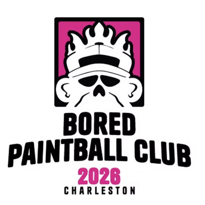 A logo featuring a crowned skull above the text 'BORED PAINTBALL CLUB 2028 CHARLESTON' in black and pink.