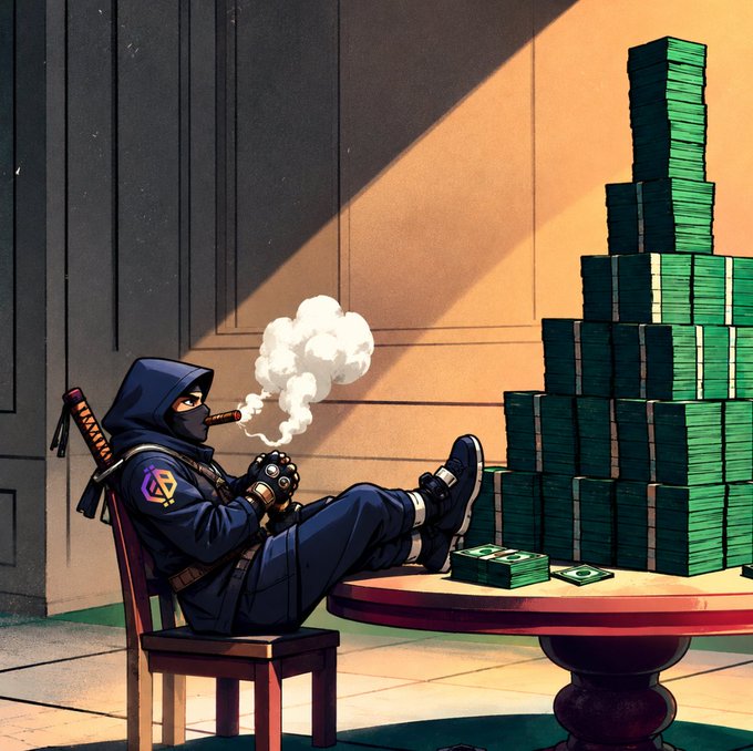 A masked ninja figure lounges casually with a smoking cigar and katana, dwarfed by a towering pyramid of cash stacks on a nearby table—visually symbolizing Injective's massive financial milestones including $1B+ in tokenized RWAs, a forthcoming $INJ ETF, and growing institutional backing.