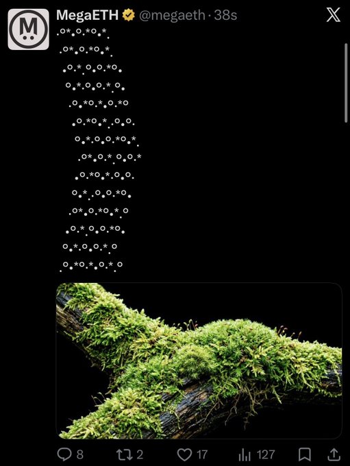 !!!MEGATETH!!! is the hashtag for a photo of a mossy tree branch, accompanied by a caption and a list of numbers.
