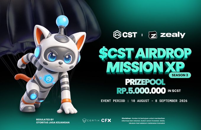 A promotional banner for the "$CST AIRDROP MISSION XP SEASON 3" by CST and Zealy, featuring a 3D cartoon cat astronaut character and a prize pool of RP. 5,000,000 in $CST, running from August 10 to September 8, 2026.