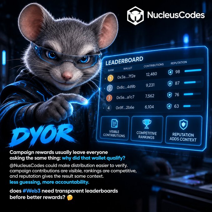 A promotional post for 'NucleusCodes' featuring an AI-generated cat in a cyberpunk setting with a 'LEADERBOARD' interface, asking whether Web3 needs transparent leaderboards for better rewards.