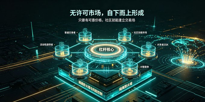 A futuristic Chinese infographic titled '无许可市场，自下而上形成' (Permissionless market, formed bottom-up) showing a glowing central hub labeled '杠杆核心' (Leverage Core) connected to surrounding modules representing community building, market makers, and SSK holders.