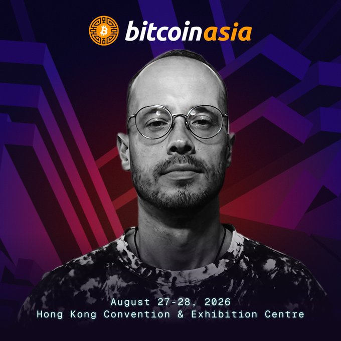 Black-and-white portrait of a bearded man with round glasses, promoting Bitcoin Asia 2026, scheduled for August 27-28, 2026, at the Hong Kong Convention & Exhibition Centre. The image features the Bitcoin Asia logo and geometric purple-red background, tied to the post about KeyPleb, founder of Code Orange Dev School, speaking at the event.