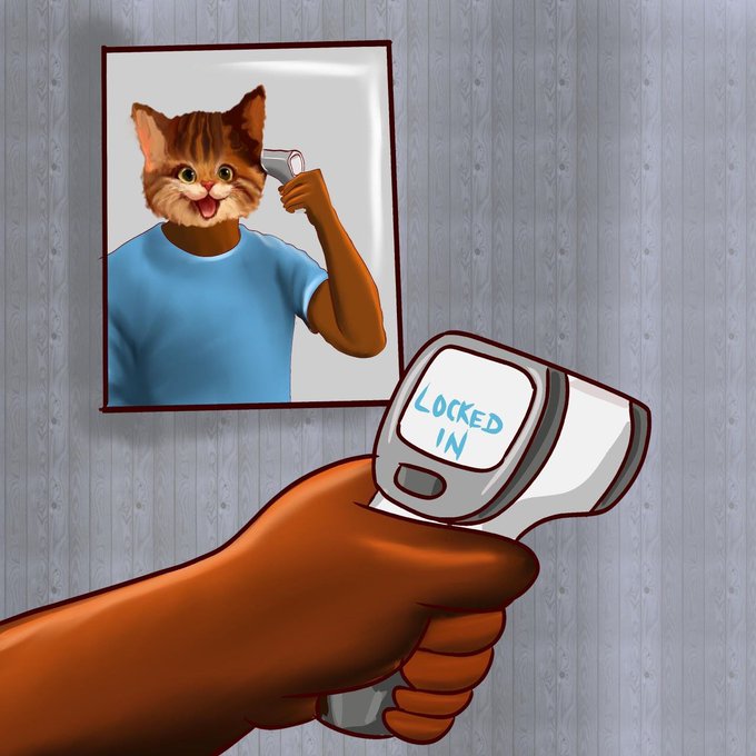 A hand holding a device labeled "LOCKED IN" is pointed at a framed picture of an orange cat holding a coffee maker, symbolizing a calm, focused commitment—mirroring the post's message about building the $CCT community quietly and steadily without needing external utility just yet.