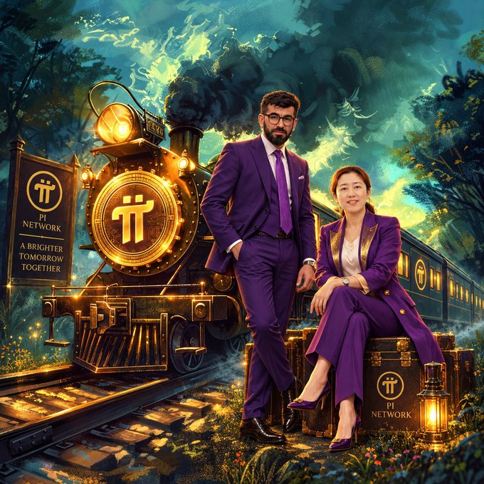 A stylishly dressed couple in purple suits pose beside a glowing golden steam train emblazoned with the "Pi Network" logo and tagline "A Brighter Tomorrow Together," symbolizing a hopeful journey into the future. Their confident stance and the dramatic, lush green backdrop reinforce the post's "Believe It" message of faith in Pi Network's promising path forward.