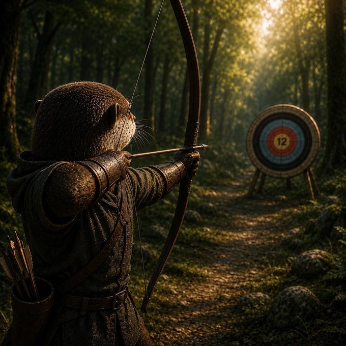 A realistic image of an anthropomorphic otter dressed as a medieval archer, drawing a bow and aiming at a target in a sunlit forest.