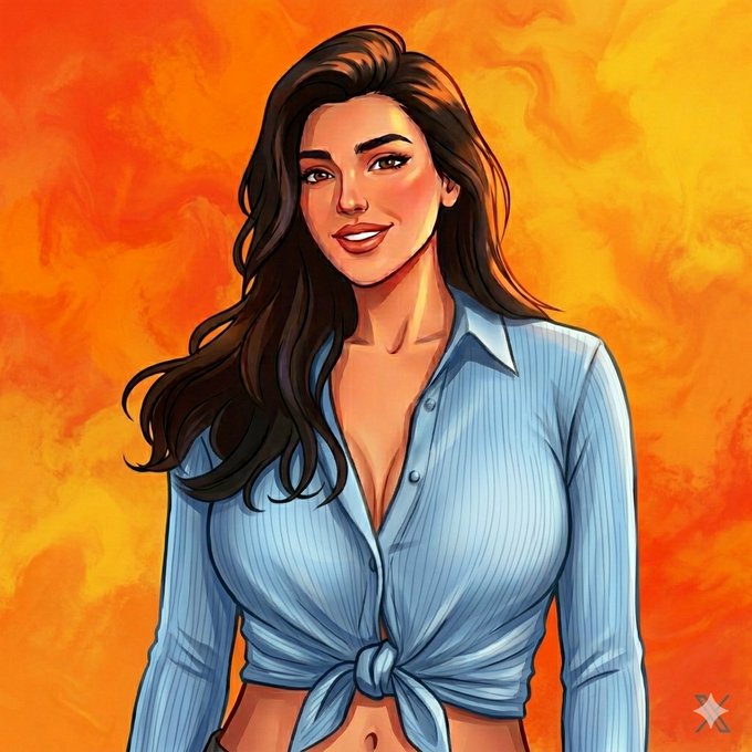 An illustrated portrait of a woman with long brown hair wearing a light blue tied shirt against a vibrant orange background.