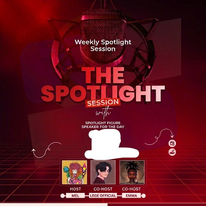 A promotional graphic for "The Spotlight Session," a weekly X Space hosted by MEL with co-hosts Lege Official and Emma, featuring a featured speaker spot (still to be announced) against a red microphone-themed background. The design ties to the post's announcement of the debut episode, which highlights the Web3 project Aeterna by @LalorMarcos.