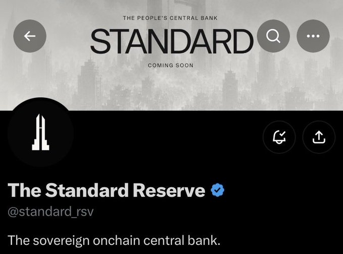 A Twitter/X profile for 'The Standard Reserve' (@standard_rsv) described as 'The sovereign onchain central bank' with header text 'THE PEOPLE'S CENTRAL BANK STANDARD COMING SOON'.