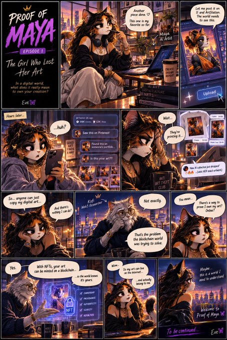 Digital comic page titled 'PROOF OF MAYA EPISODE 1: The Girl Who Lost Her Art,' depicting an anthropomorphic cat artist named Maya AI who discovers her art was minted as NFTs without permission and learns about blockchain to verify ownership.