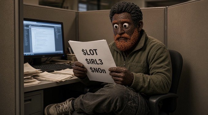 A figure with a textured, sculpted face and wide cartoonish eyes sits in an office cubicle reading a paper that reads '$LOT $IRL3 $NOn' in dollar-sign text.