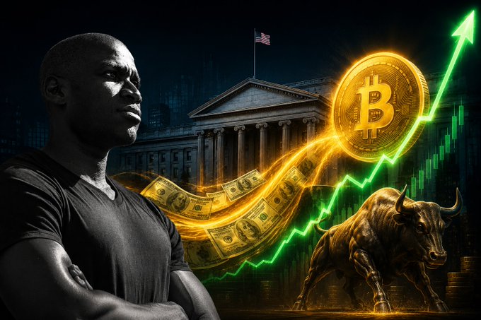 A dramatic digital illustration featuring a stern man in the foreground, with a classical government building bearing an American flag, a glowing Bitcoin symbol, flowing dollar bills, a green upward stock chart arrow, and a bronze bull statue in the background.