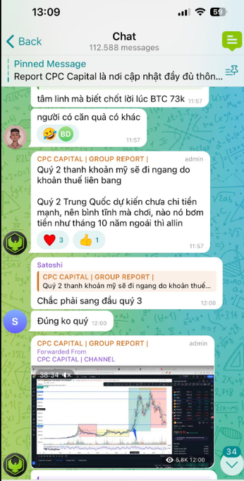 A screenshot of a Vietnamese Telegram chat titled "CPC Capital" with 112,588 messages shows pinned crypto market analysis, including a Group Report mentioning BTC at 73k and Q2 stagnation forecasts, alongside a chart screenshot with price around 5.8K. The image ties to the post by visually showcasing the active CPC Capital crypto analysis community referenced in the context.