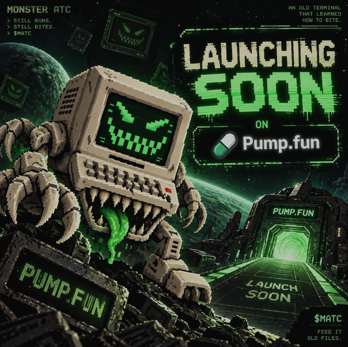 A retro pixel art promotional graphic titled 'LAUNCHING SOON' for a 'MONSTER ATC' on Pump.fun, featuring a terrifying computer monster with sharp teeth and a dripping green tongue.
